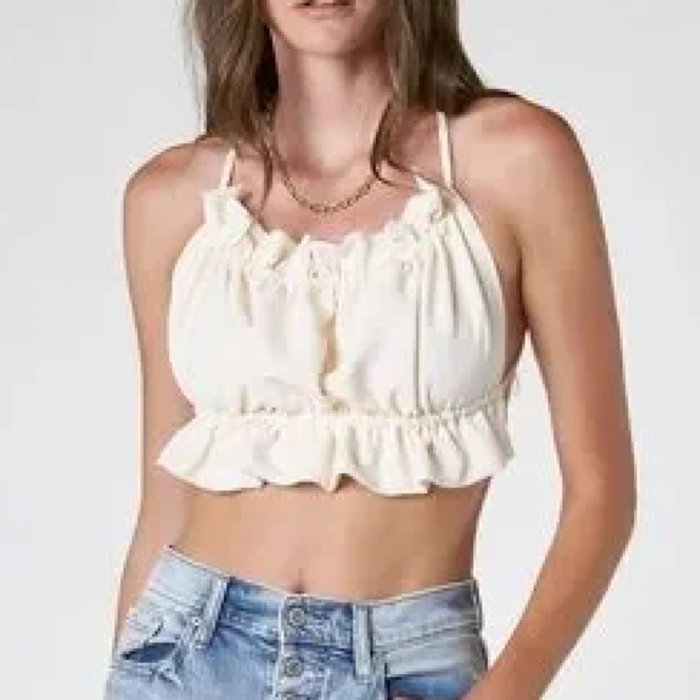 Pretty Garbage Ruched Backless Tie Back Crop Top Cream Size Small